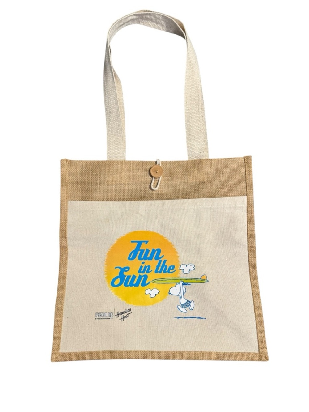 Peanuts Snoopy Hawaiian Host Fun in the Sun Jute Burlap Tote‎ Bag Tan Cream
